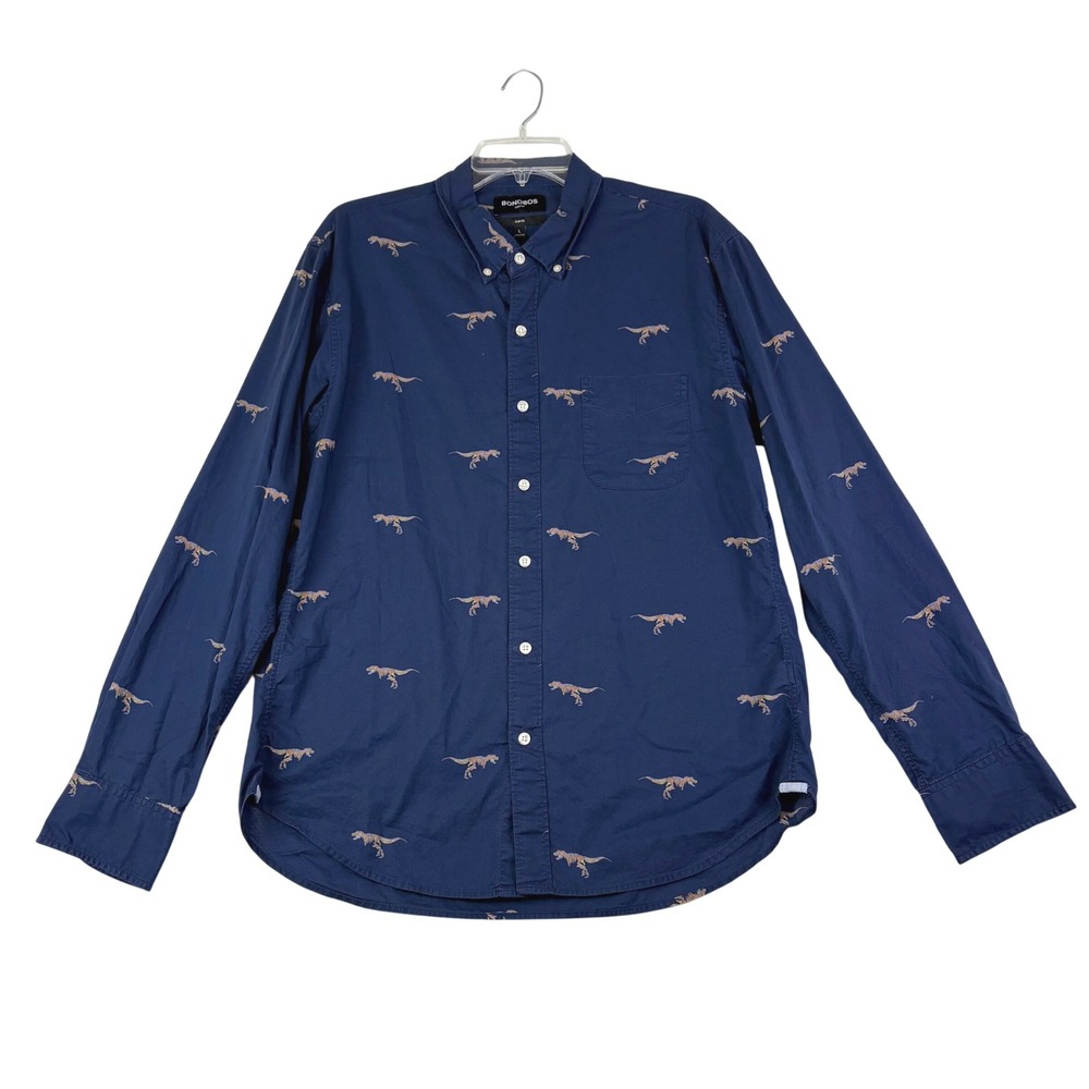 Bonobos L Navy Blue Dinosaur Skeleton Print Slim Fit Stretch Button Down Novelty